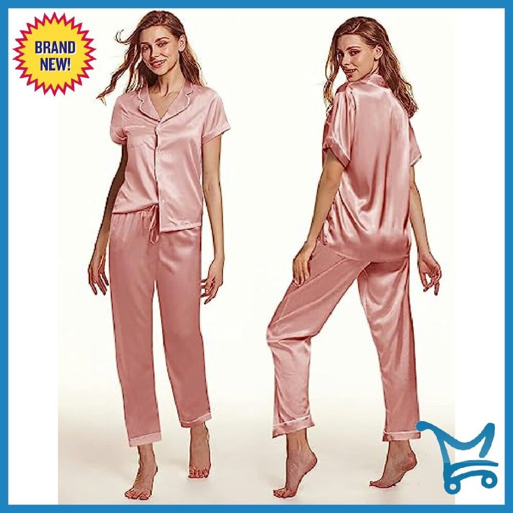Silk Satin Pajama Set Shorts Button Down Loungewear Sleepwear - Picture 7 of 8
